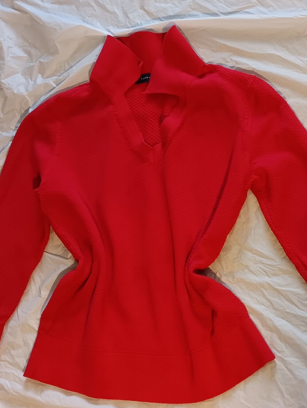 Tommy Hilfiger Red V-Neck Textured Knit Sweater